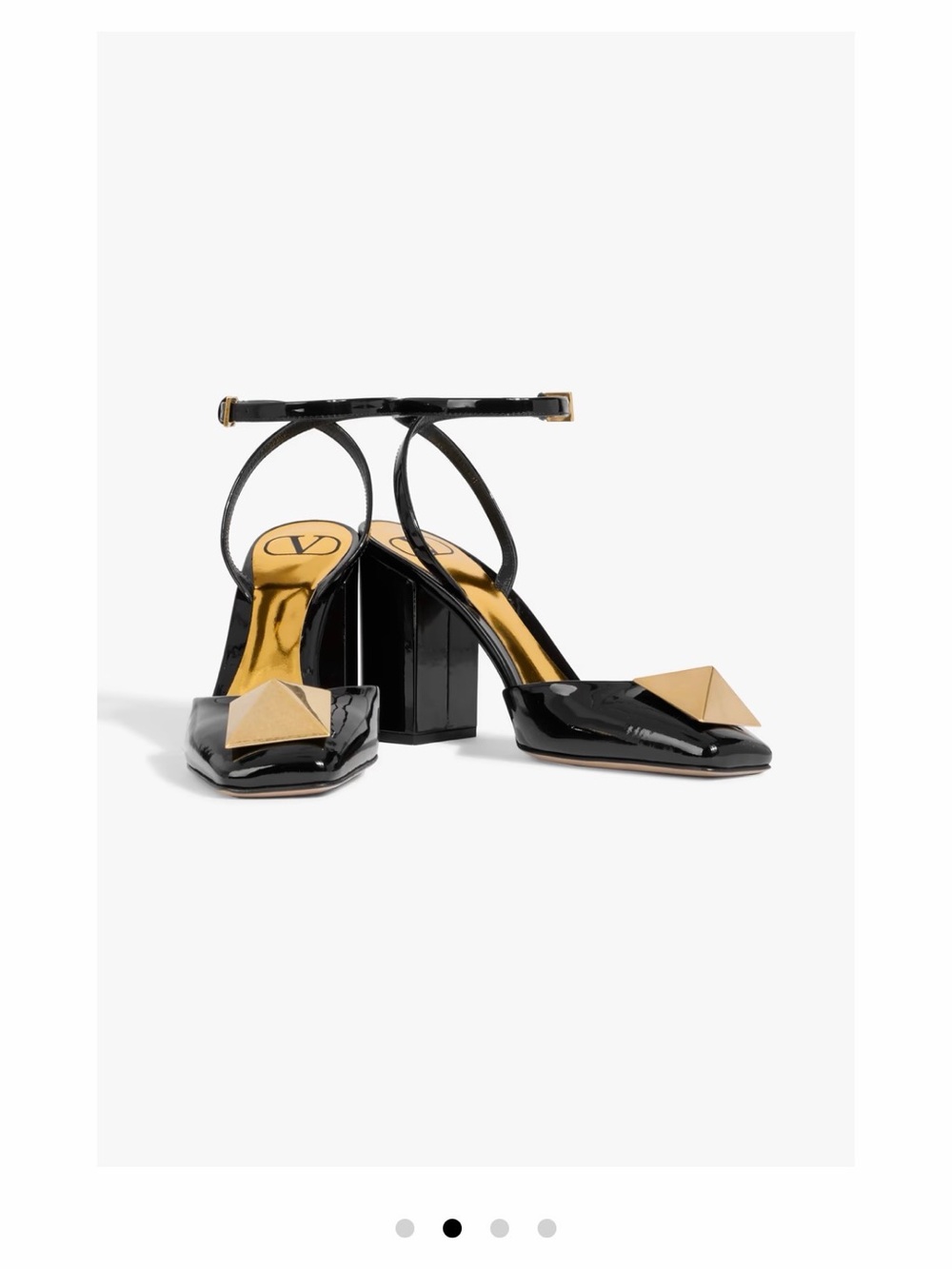 Valentino Black Patent Leather Ankle-Strap Block Heels with Gold Pyramid Detail